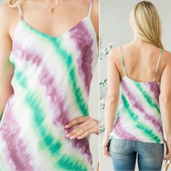 Blue B Junior Lightweight Rayon Tank Top in Colorful Purple & Green Tie Dye - Picture 2 of 9